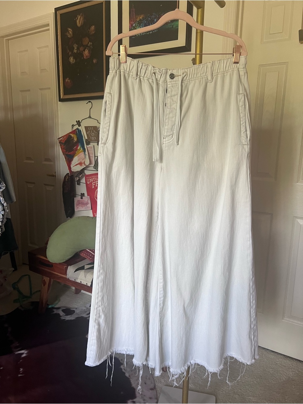 We The Free Free People Ivory Extra Wide Leg Button Stretch Waist Jeans MED NWOT
